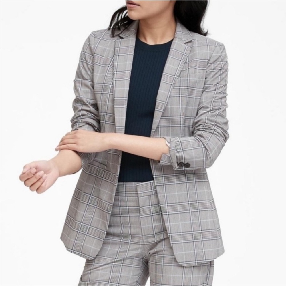 Banana Republic Classic Houndstooth Plaid Single Breasted Blazer Jacket Black 8